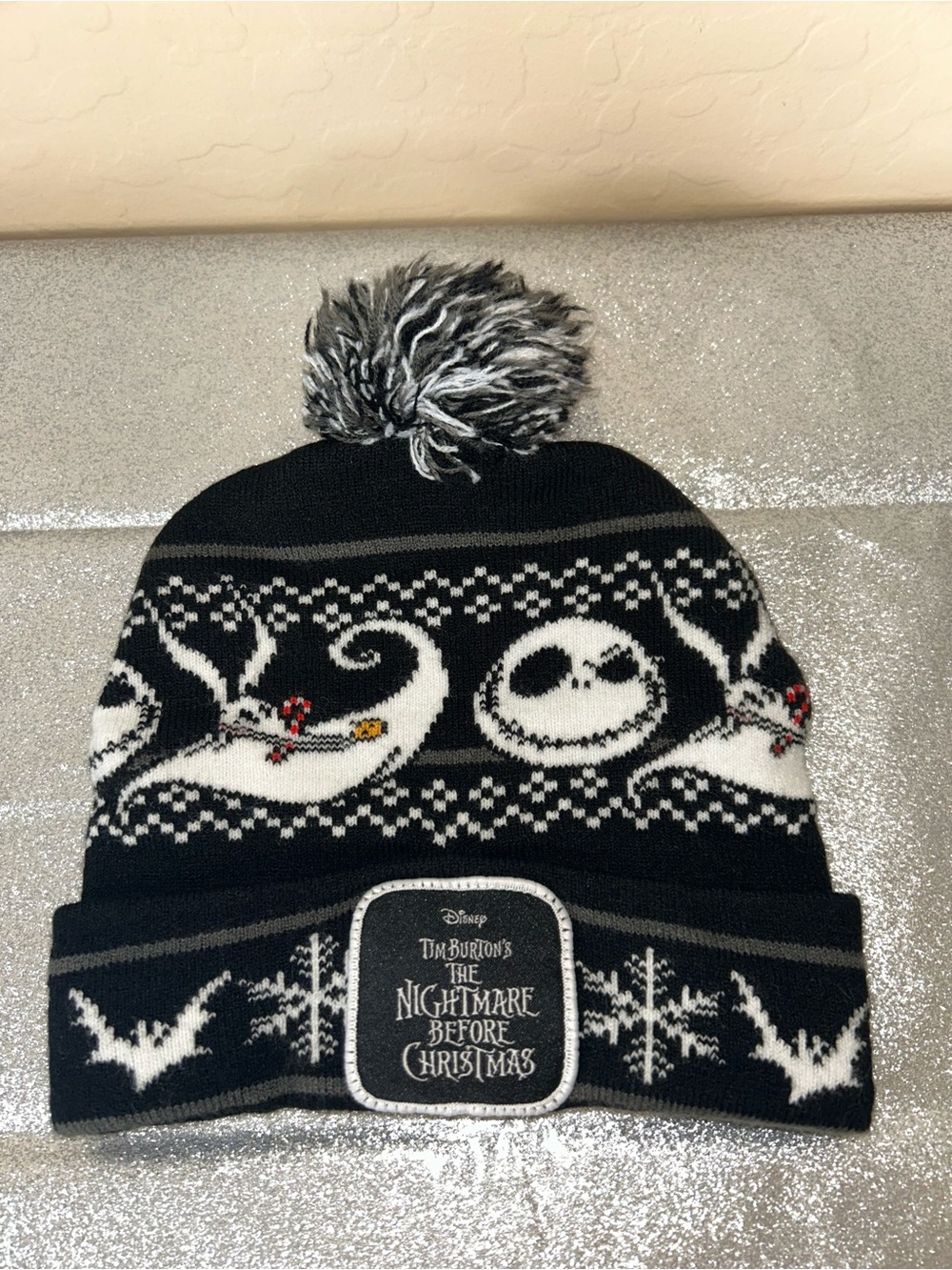 Disney The Nightmare Before Christmas Black & White Jack & Zero Knit Pom Beanie